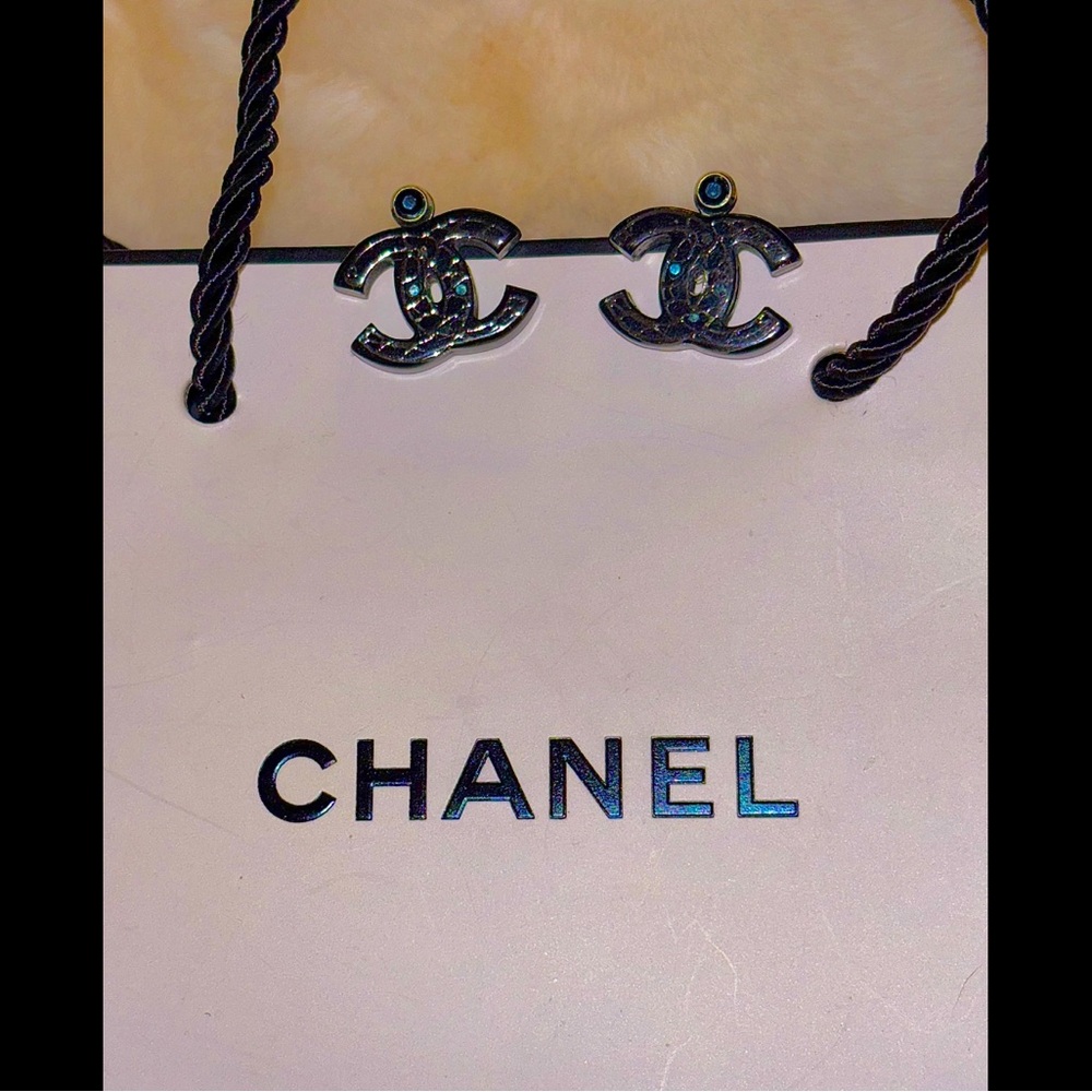 CHANEL Blue Crystal Logo Earrings - Authentic- with Box/Bag - Picture 10 of 13